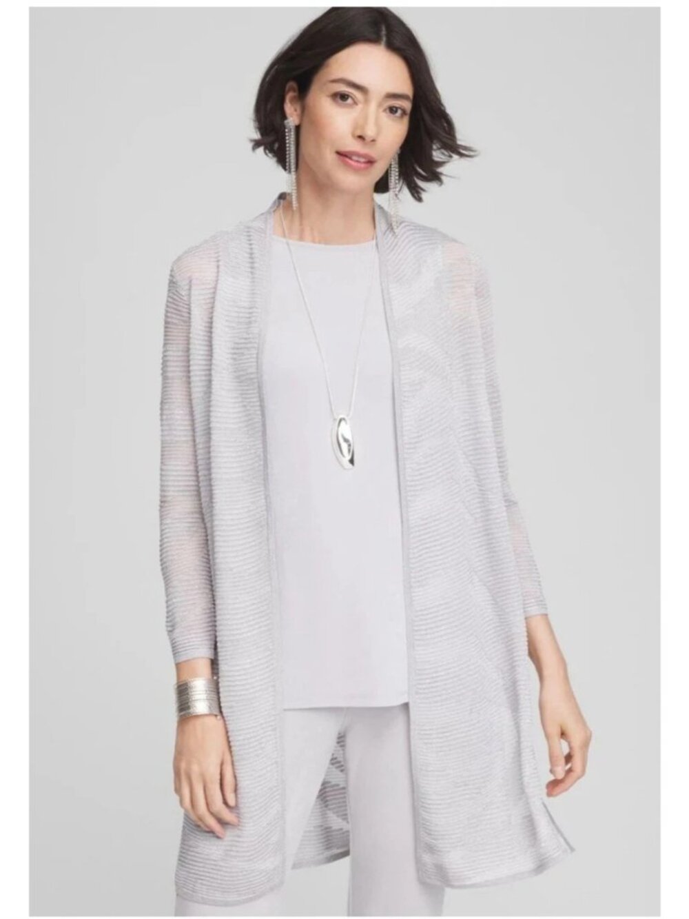 Chico's Silver Metallic Open Front Duster Cardigan Sweater Size 2 US Large